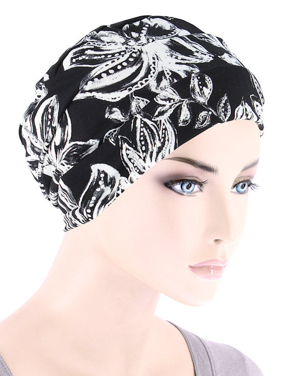 Cloche Cap Black and White Tropical Floral