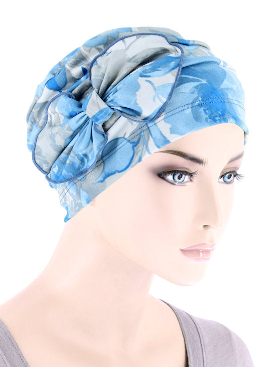Pleated Bow Cap Blue Gray Waterfloral