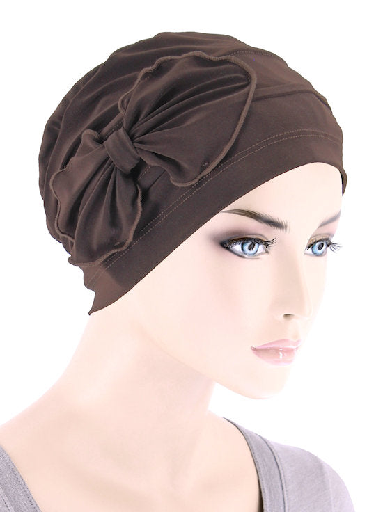 Pleated Bow Cap Brown Jersey