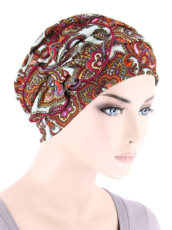 Pleated Bow Cap Red Paisley