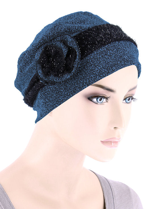 Winter Hat Cap Blue Black Rosette
