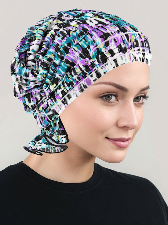 Abbey Cap Ruffle Purple Turquoise Geometric