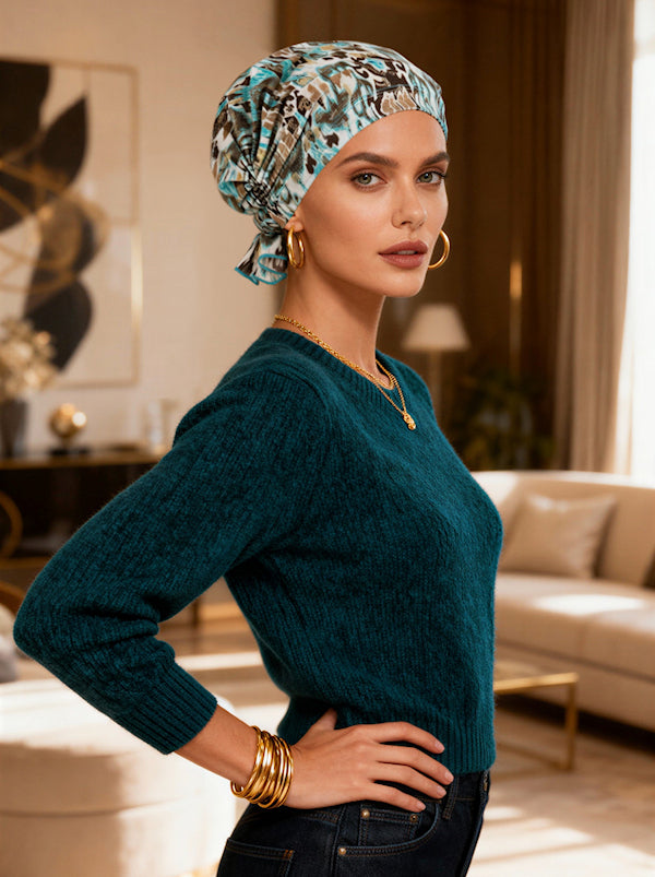 Abbey Cap Turquoise Gold Leopard Ikat