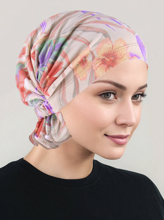 Abbey Cap Taupe Mauve Tropical Floral