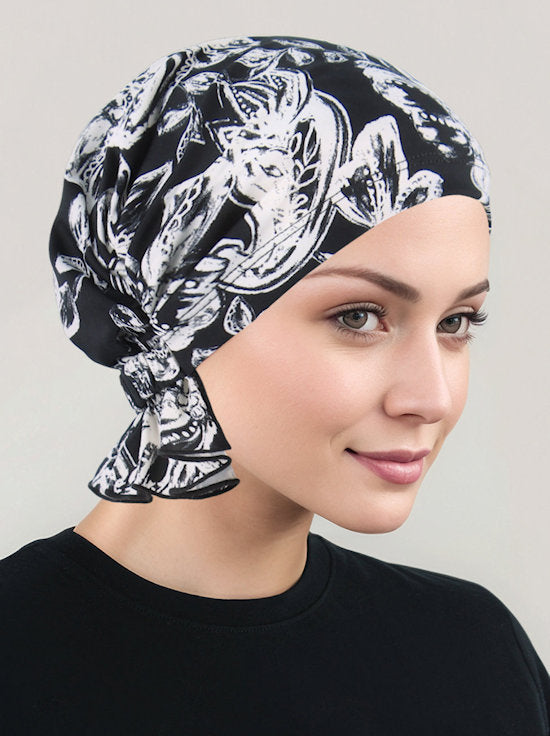 Abbey Cap Black and White Tropical Floral