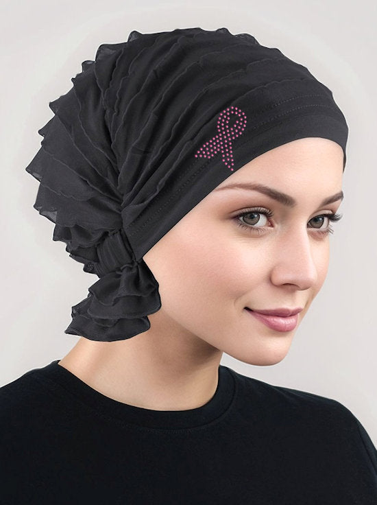 Abbey Cap Ruffle Black Pink Ribbon
