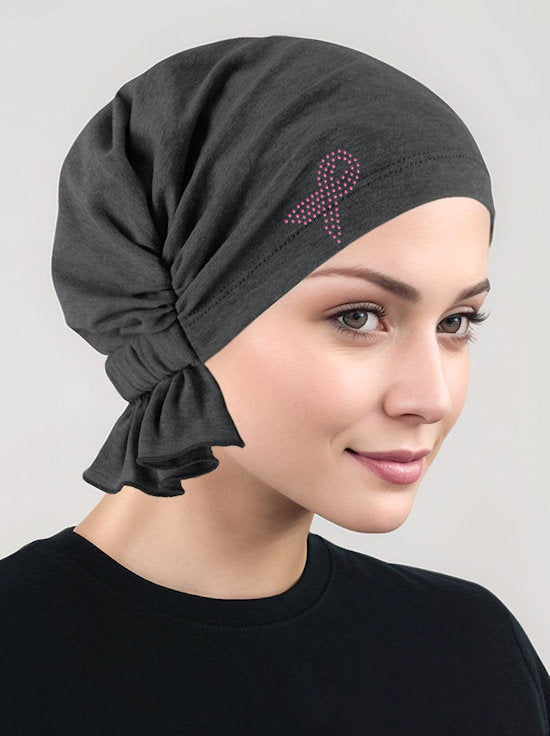 Abbey Cap Charcoal Gray Cotton Knit Pink Ribbon