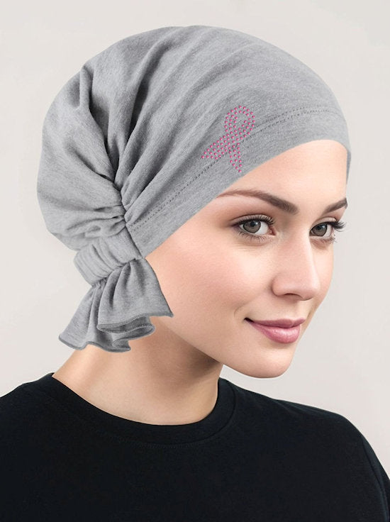 Abbey Cap Heather Gray Cotton Knit Pink Ribbon