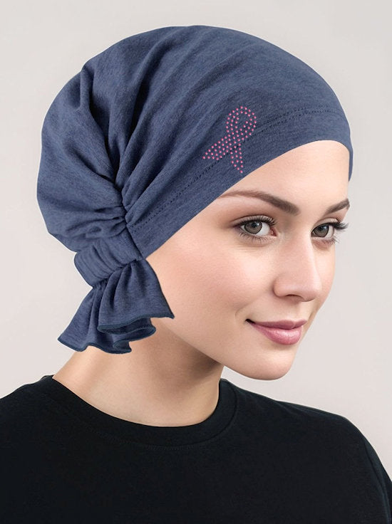 Abbey Cap Medium Denim Cotton Knit Pink Ribbon