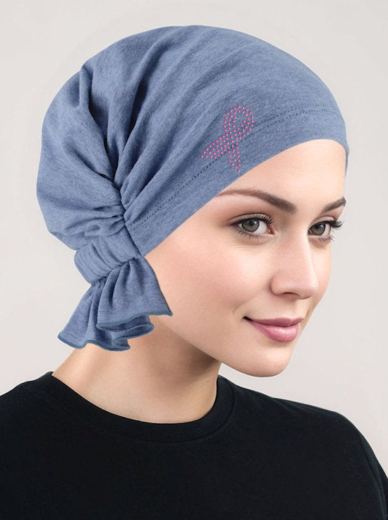 Abbey Cap Light Denim Cotton Knit Pink Ribbon
