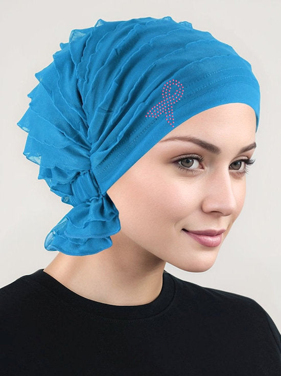Abbey Cap Ruffle Turquoise Blue Pink Ribbon