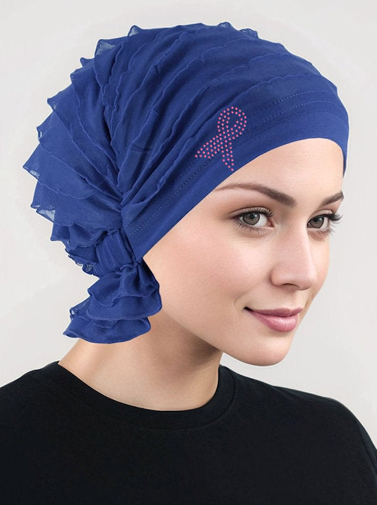 Abbey Cap Ruffle Royal Blue Pink Ribbon