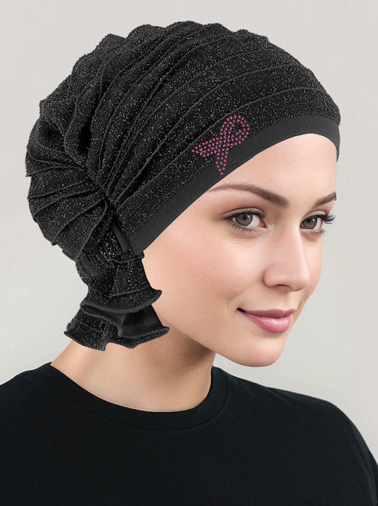 Abbey Cap Ruffle Black w/Silver Shimmer Pink Ribbon