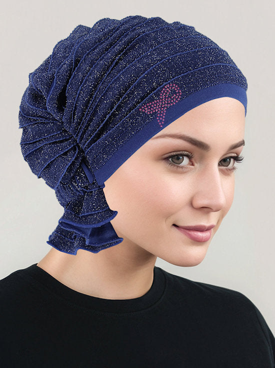 Abbey Cap Ruffle Blue w/Silver Shimmer Pink Ribbon
