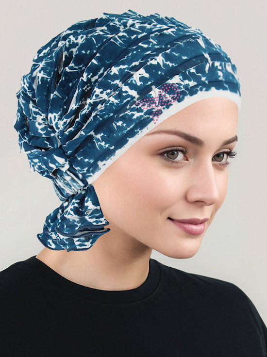 Abbey Cap Ruffle Teal Blue Abstract Pink Ribbon