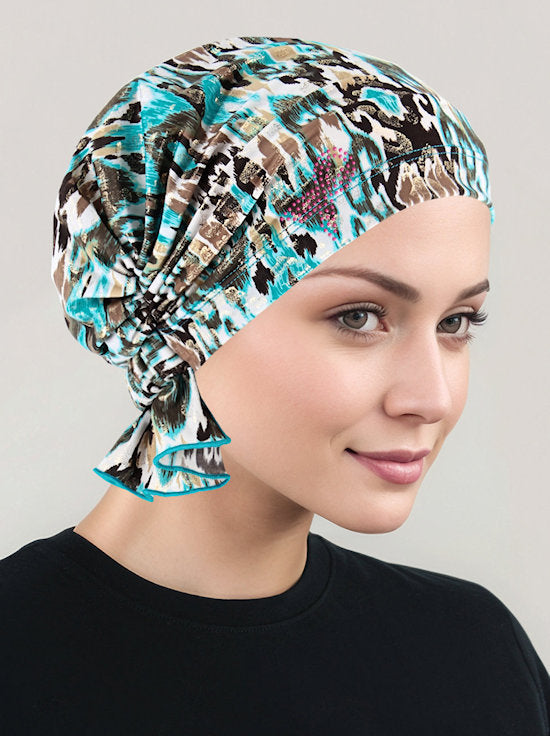 Abbey Cap Turquoise Gold Leopard Ikat Pink Ribbon
