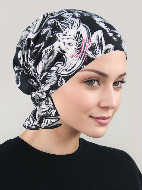 Abbey Cap Black and White Tropical Floral Pink Ribbon