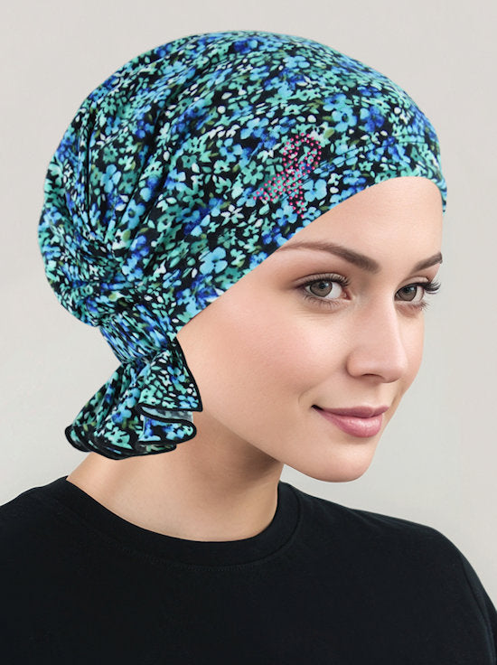Abbey Cap Green Blue Floral Pink Ribbon