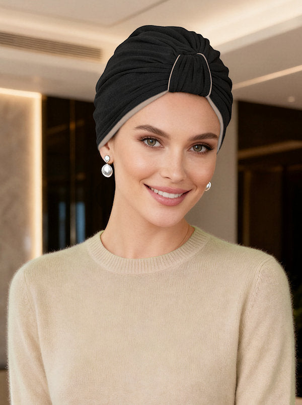 Classic Bamboo Turban Reversible Black/Beige