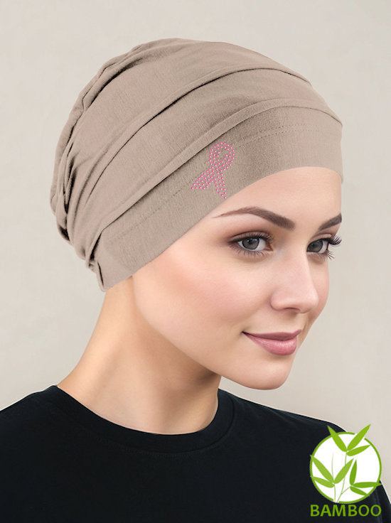 Bamboo Pleated Cap Champagne Beige Pink Ribbon