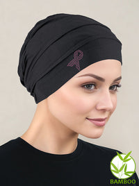 Bamboo Pleated Cap Onyx Black Pink Ribbon