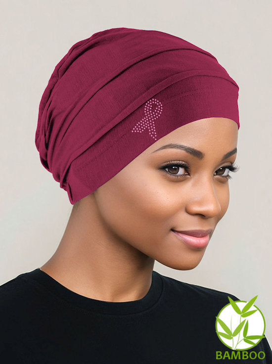 Bamboo Pleated Cap Burgundy Red Pink Ribbon