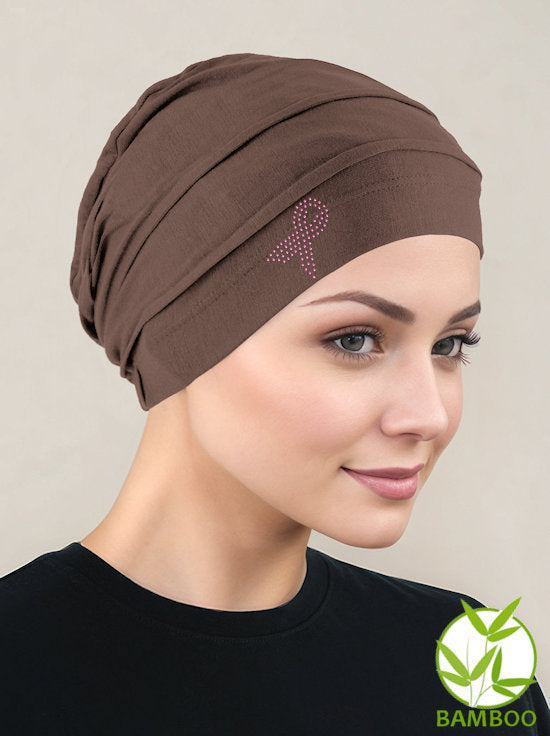 Bamboo Pleated Cap Cedar Brown Pink Ribbon