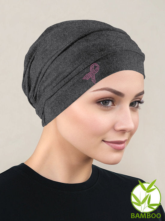 Bamboo Pleated Cap Charcoal Gray Pink Ribbon