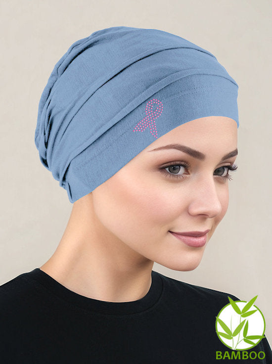 Bamboo Pleated Cap Dusty Blue Pink Ribbon