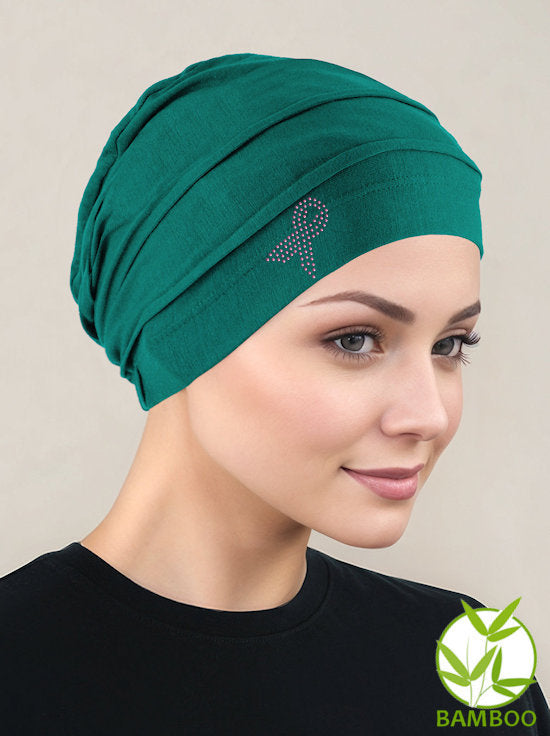 Bamboo Pleated Cap Emerald Green Pink Ribbon