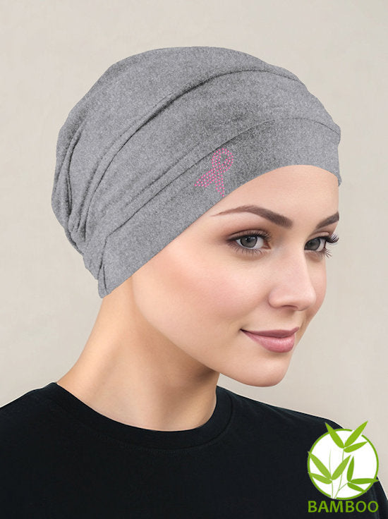 Bamboo Pleated Cap Heather Gray Pink Ribbon