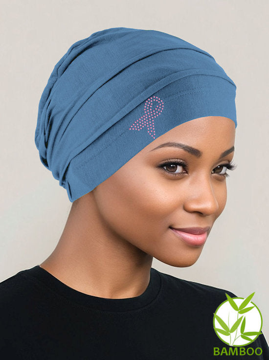 Bamboo Pleated Cap Indigo Blue Pink Ribbon