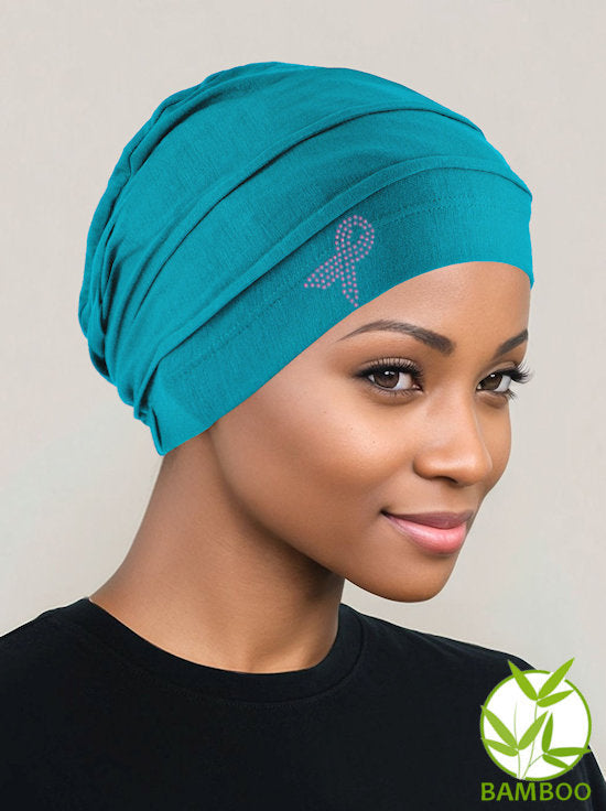 Bamboo Pleated Cap Light Teal Pink Ribbon