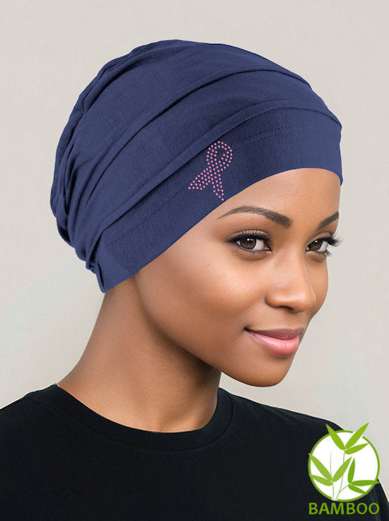 Bamboo Pleated Cap Navy Blue Pink Ribbon