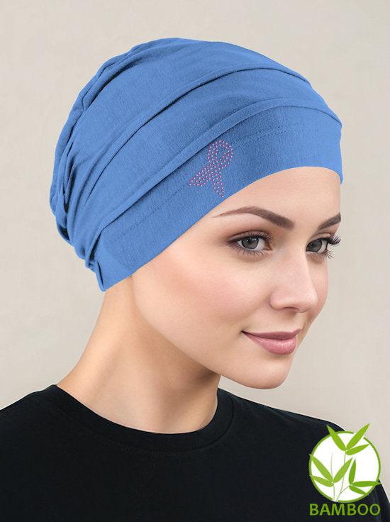 Bamboo Pleated Cap Periwinkle Blue Pink Ribbon