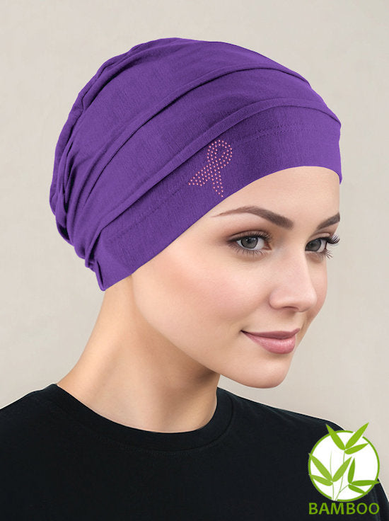 Bamboo Pleated Cap Purple Pink Ribbon