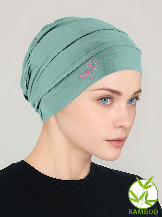 Bamboo Pleated Cap Sage Green Pink Ribbon