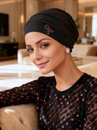 Bamboo Pleated Cap Onyx Black Pink Ribbon