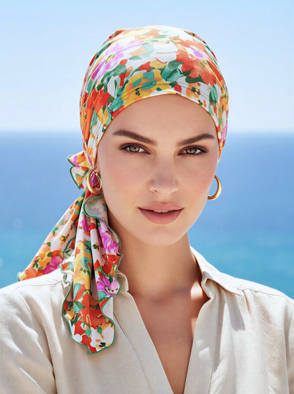 A woman wearing an orange and sage green floral patterned pre-tied head scarf.