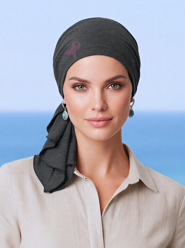 Bella Scarf Charcoal Gray Pink Ribbon