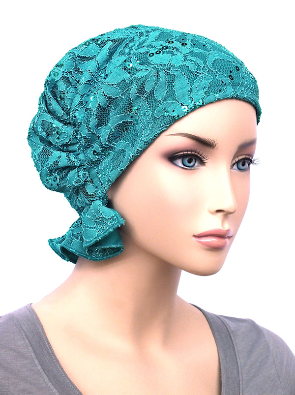 Abbey Cap Lace Sequin Turquoise