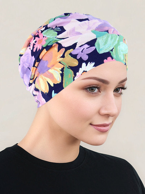 Cloche Cap Navy Lilac Floral