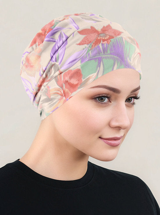 Cloche Cap Taupe Mauve Tropical Floral