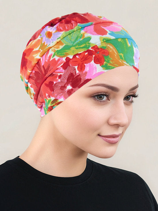 Cloche Cap Red Cream Bold Floral
