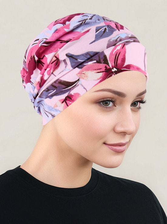 Cloche Cap Pink Lilac Tropical Floral