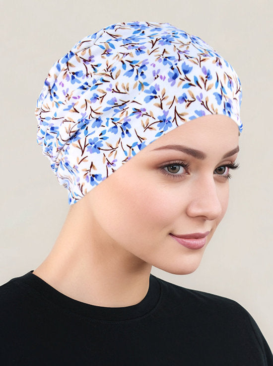 Cloche Cap Ivory Periwinkle Blue Floral