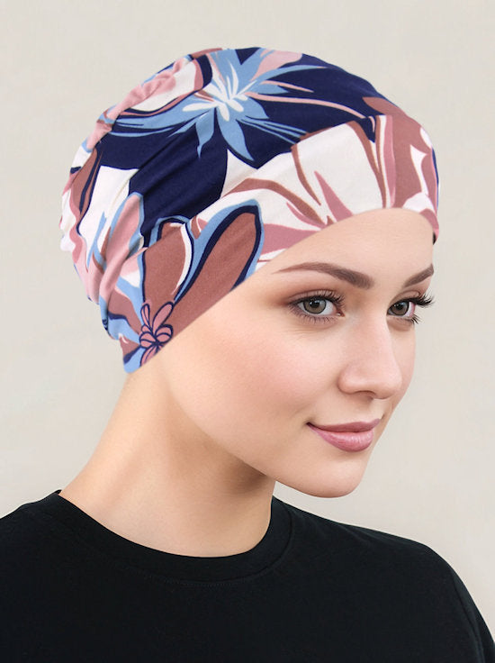 Cloche Cap Navy Mauve Mod Floral