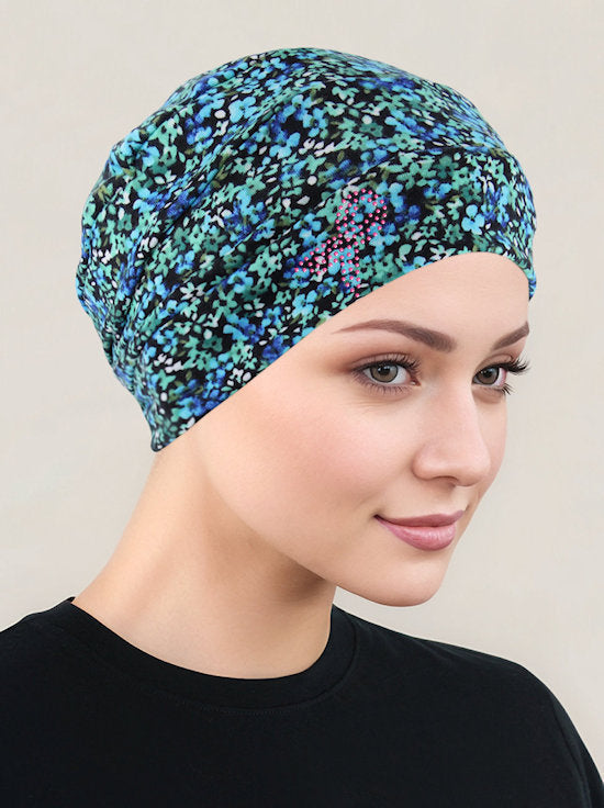 Cloche Cap Green Blue Floral Pink Ribbon