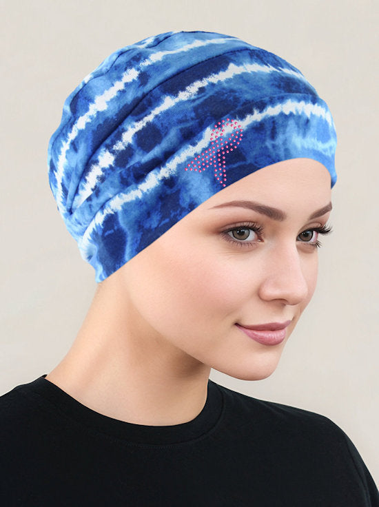 Cloche Cap Blue Tie Dye Stripe Pink Ribbon