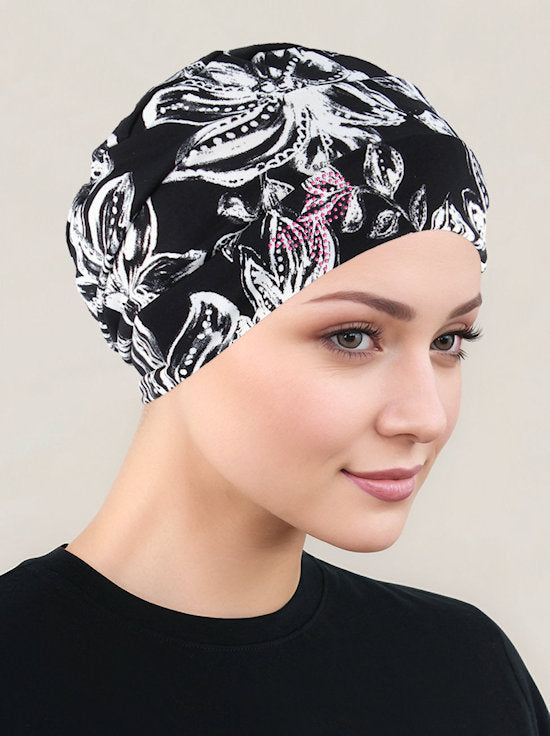 Cloche Cap Black and White Tropical Floral Pink Ribbon